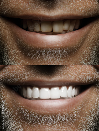 Dientes de hombre con barba antes y después, Banner web para clínica dental marketing de servicios, Mockup sonrisa perfecta para publicidad clínica dental