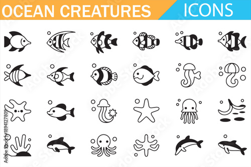 Ocean Creatures Cartoon Icons Set with Fish and Aquatic Wildlife