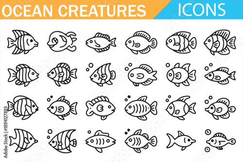 Cute Ocean Fish and Sea Creature Icons in Clean Outline Vector Style