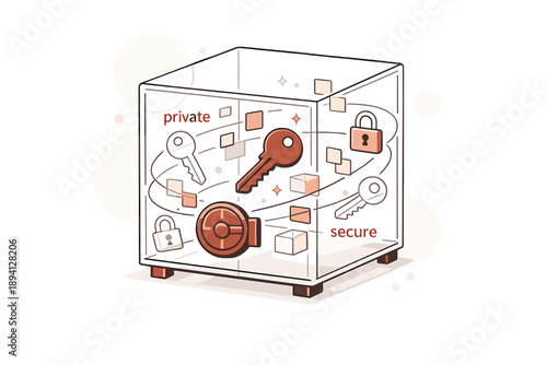 Image Generation. Cryptographic keys and secure storage concepts. Minimal safe box with transparent walls,