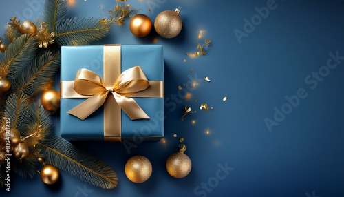 Festive Christmas Gift Box Wrapped In Blue Paper With Golden Ribbon And Ornaments
