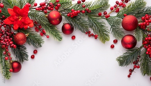 Christmas Pine Branch Border With Red Ornaments And Berries N Ai Generated