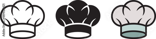 Chef hat icons in outline silhouette and color styles representing professional kitchen attire