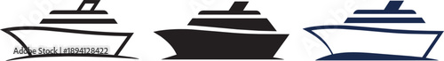 Cruise ship line and silhouette icons representing maritime travel and luxury vacation vessels
