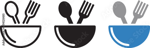 eating meal food bowl with spoon and fork outline line solid fill and flat icon vector