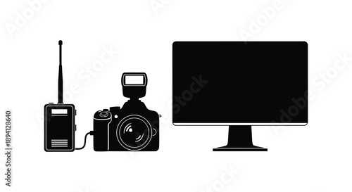A stark composition of photography equipment a radio camera flash and monitor presented as a silhouette high quality professional