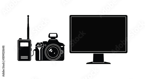 A collection of vintage electronic devices including a radio camera and monitor depicted in black silhouette high quality professional detailed modern