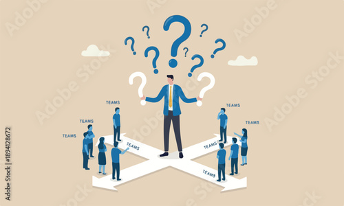 Indecisive teams together frustrated to decide, worried about which way to choose concept, indecisive businessman deciding way to go.
