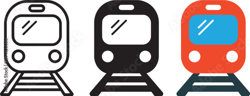 Stylized train front views in outline, solid black and colorful flat design.