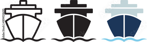Stylized ship front views in outline, solid black and colorful flat design.