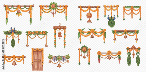 Set of traditional Indian torans and festive decorations for celebrations and events.