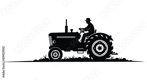 A farmer operating a vintage tractor across a grassy field depicted in a striking black silhouette high quality professional detailed modern