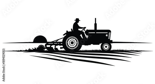 A vintage farm scene depicts a tractor with a driver plowing a field rendered in a striking silhouette high quality professional