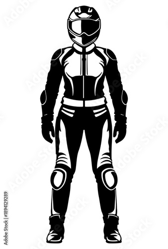 Black silhouette of a woman wearing motorcycle gear and a helmet, without background.