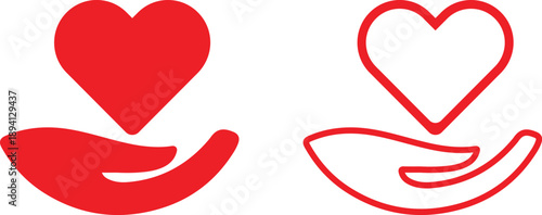 Red heart symbols with hands on white background representing love and care