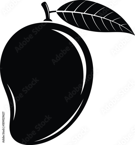 Minimalist mango fruit vector icon silhouette featuring stem and leaf for vegetarian lifestyle branding and botanical graphic design