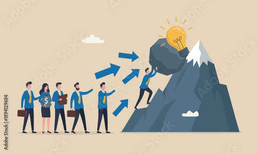 Fundraising idea,boulder uphill mountain peak donation, investing or VC venture capital to support startup idea concept, business people donate or contribute fund raiser new lightbulb project