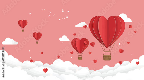 Romantic journey in the sky with heart shaped hot air balloons flying among clouds