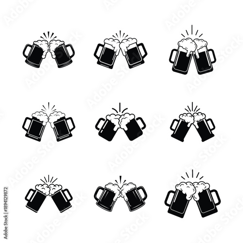Clinking Beer Mugs Toast Celebration Icon Set Silhouette Vector Illustration.