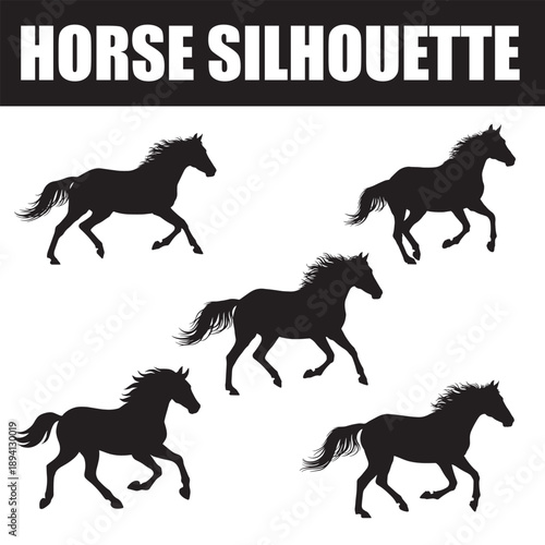 "Set of Running Horse Silhouettes – Dynamic Equine Motion Poses"