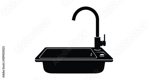 A minimalist depiction of a kitchen sink with a modern faucet presented as a striking black silhouette high quality professional detailed