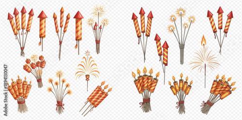 Collection of various firecrackers and fireworks for festive celebrations.