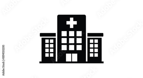 A stark black silhouette of a hospital building with a prominent cross on the roof conveying healthcare and medical services silhouette