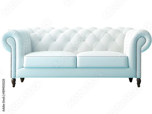 Light blue chesterfield-style sofa with tufted upholstery and classic elegant form, isolated on transparent background.