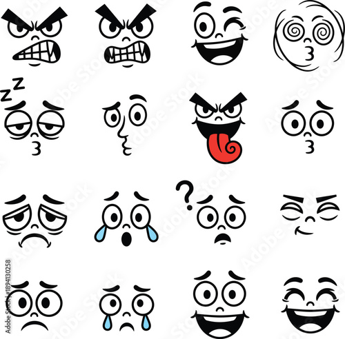 Set of 16 handdrawn black and white emoticon faces showing various emotions like anger, sleepiness, confusion, sadness, and happiness