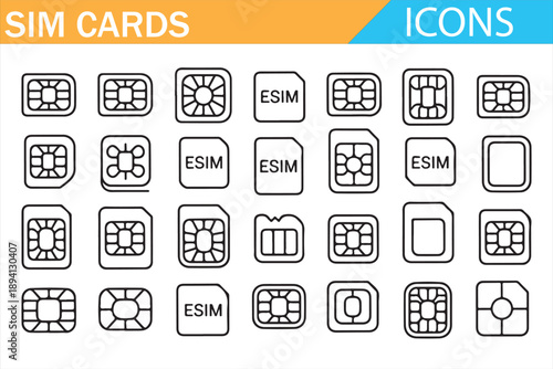 Cellular Network and SIM Card Icons in Clean Outline Vector Style