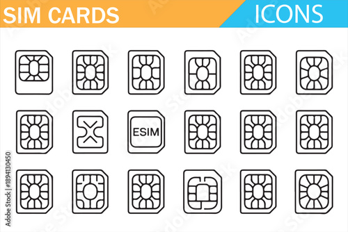 SIM Card and Telecom Icons Set in Outline Style Showing Mobile Network, eSIM, Chip, Connectivity, Cellular Technology, Communication Symbols for UI, App, Web and Dashboard Design
