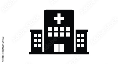 A stark black silhouette depicts a hospital building with a prominent cross on the roof symbolizing healthcare facilities silhouette high quality