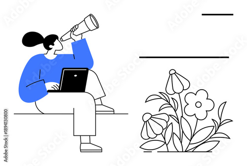 Education, environmental awareness, creativity, innovation, research, learning. A person seated with a laptop using a telescope near flowers. Education and environmental awareness conceptual design