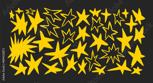 Star hand crayon collage in a dynamic sticker look featuring a large collection of yellow hand drawn stars in varied sizes and expressive shapes on a dark background. Raw sketch textures sharp