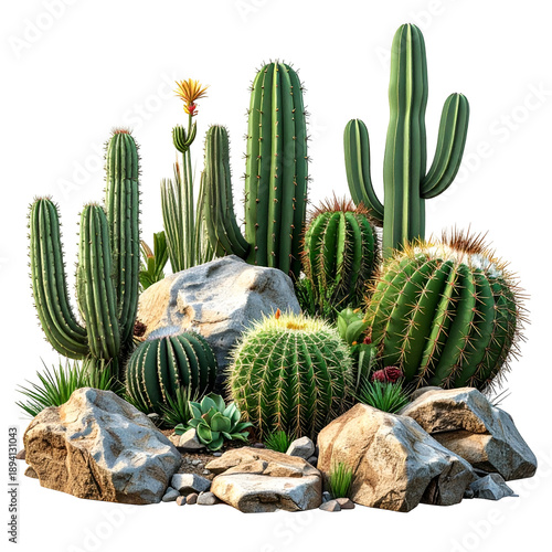 Vibrant desert arrangement diverse cacti, rocks, and small plants flourish in sunlight
