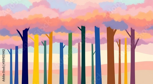 Colorful Forest Illustration with Pastel Sky and Trees.