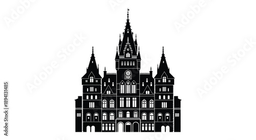 An ornate detailed black silhouette of a castle like building with multiple towers and windows showcasing gothic architecture silhouette high quality professional
