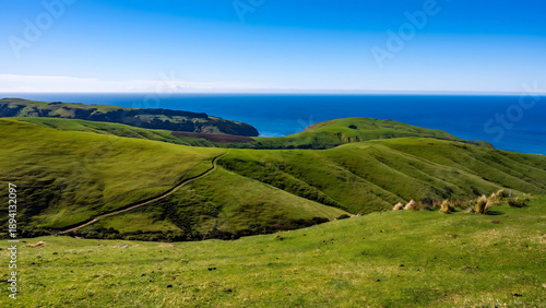 Bild auf Leinwand Akaroa Coastal Landscape with Rolling Green Hills and Secluded Bay