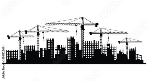 A striking black and white cityscape featuring construction cranes and buildings in a bold silhouette high quality professional detailed modern elegant stylish clean