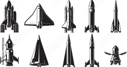 Collection of black and white of various rockets and spacecraft spaceship shuttle launch vehicle