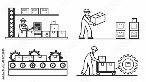 Assembly line illustrations depict workers loading boxes, using a scanner, and moving product on a conveyor belt system.