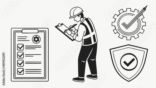 Inspector wearing safety gear meticulously records data on a clipboard next to quality assurance icons representing verification.