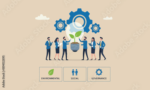 ESG, Environmenta world environment and people concept, business people touch light bulb with seedling green plant and governance gear.
