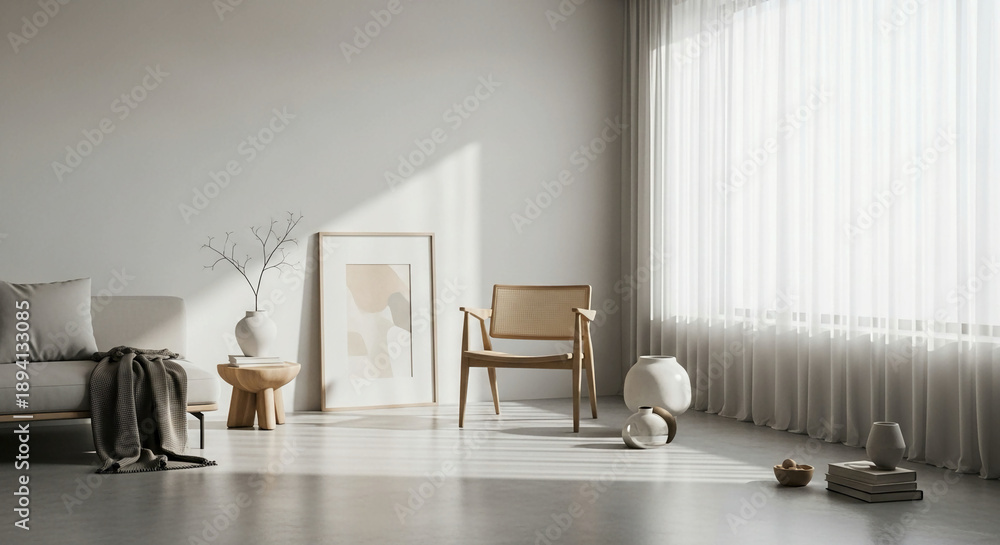 Fototapeta premium Modern living room interior with minimalist decor natural light pouring in through sheer curtains showcasing a couch chair and coffee table