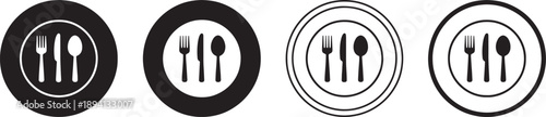 Four black and white of cutlery on plates fork knife spoon