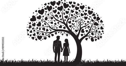 A silhouette of a loving couple stands together under a graceful tree with numerous heart shaped leaves