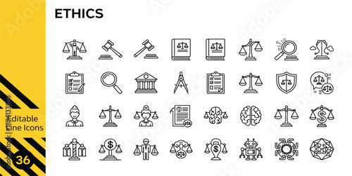 Ethics Editable Line Icon Set with Justice Law Balance Rights and Moral Responsibility Symbols for Legal Education Web Apps and Corporate Design