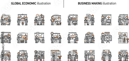 Global Economic and Business Making Illustration Set with Corporate Strategy, Analytics, Teamwork, Finance Planning, and Professional Workflow Scenes in Flat Style