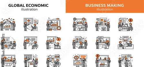 Global Economic and Business Making Illustration Set with Corporate Strategy, Financial Analysis, Team Collaboration, Data Analytics, and Professional Workflow Scenes