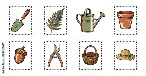 Vintage Hand Drawn Gardening Tools and Botanical Elements Postage Stamp Collection for Hobby Scrapbooking